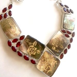 Hand Painted Abalone and Cherry Quartz Sterling Silver Statement Necklace